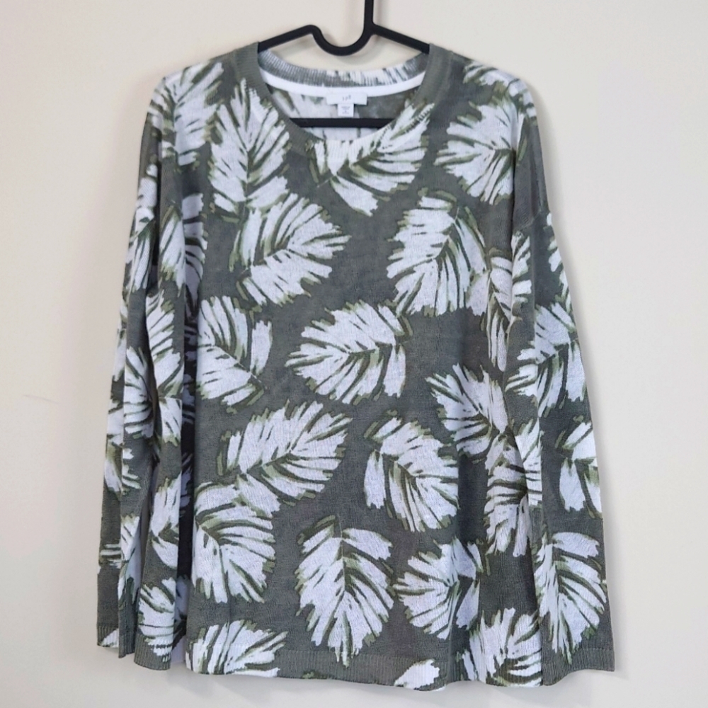 J. Jill Palm Print Linen Blend Lightweight Green Long Sleeves Sweater Petite S